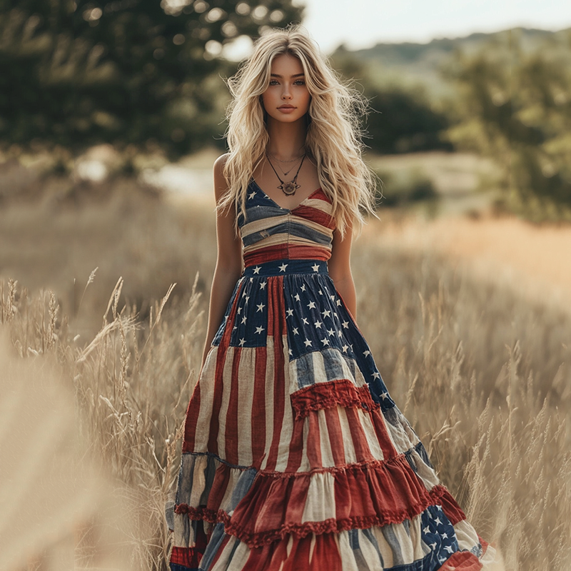 Vintage Independence Day Women's Linen Maxi Dress