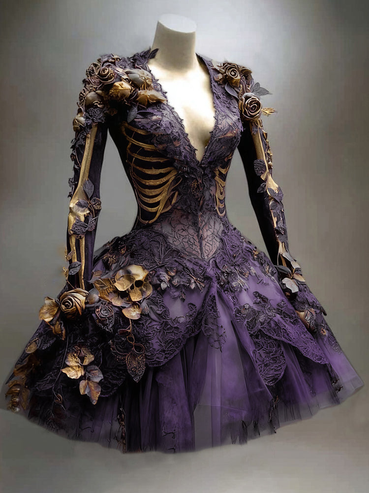 Women's Gothic Skull And Branches Pattern Witch Midi Dress