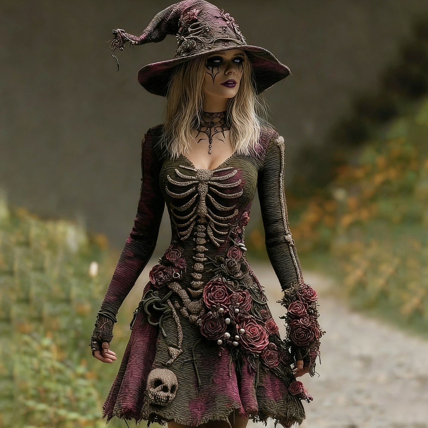 Women's Skull Floral Embroidery Ombre Witch Midi Dress