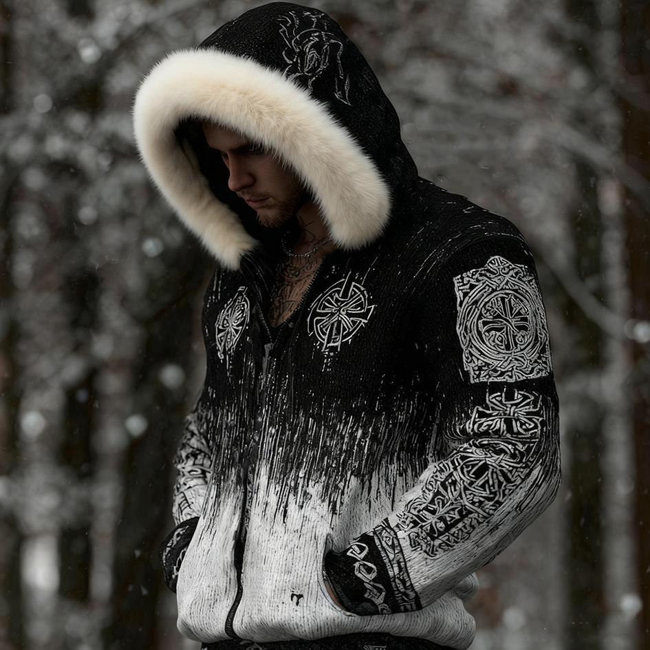 Men's Retro Viking Style Hooded Knit Sweater Coat