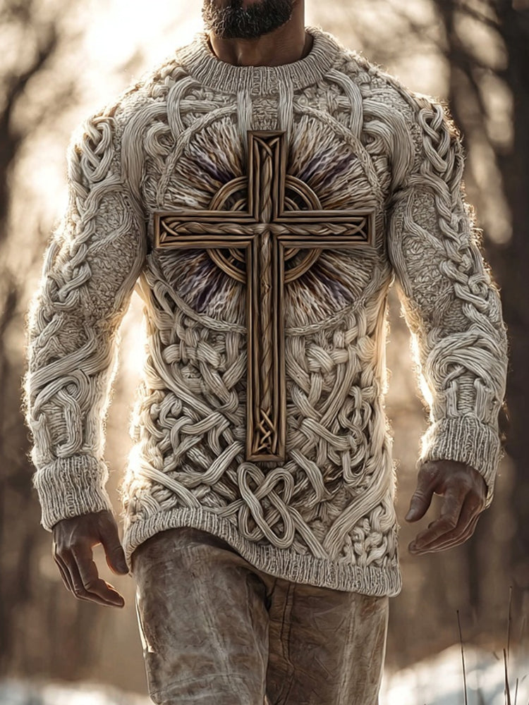 Men's Faith Cross Celtic Jacquard Chunky Knit Sweater