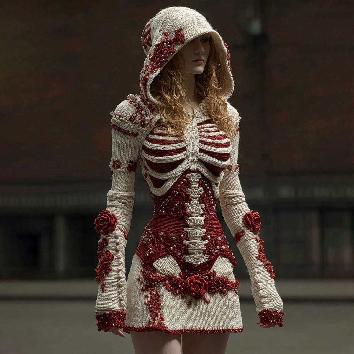 Vintage Skeleton Bones With Rose Women's Knit Hooded Sweater Dress