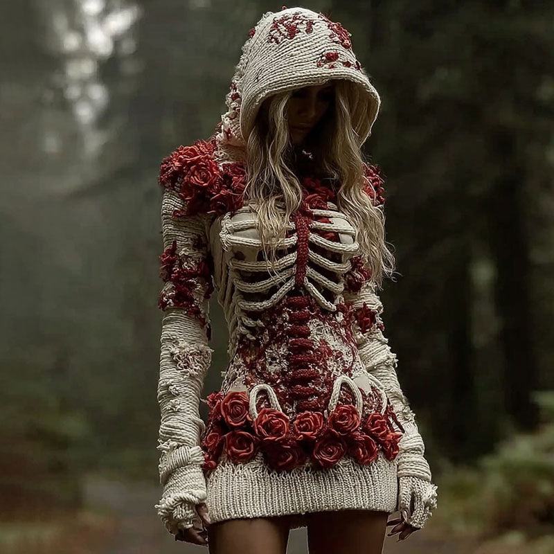 Women's Vintage Skeleton Red Rose Art Knit Mini Sweater Dress