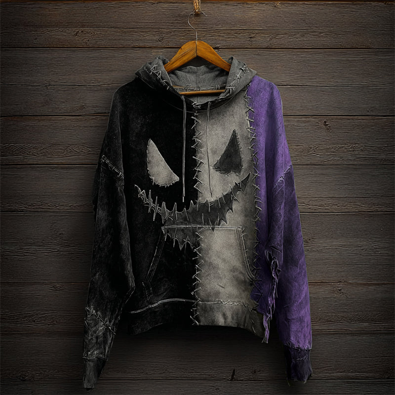 Halloween Spooky Face Contrast Colorblock Patchwork Hoodie
