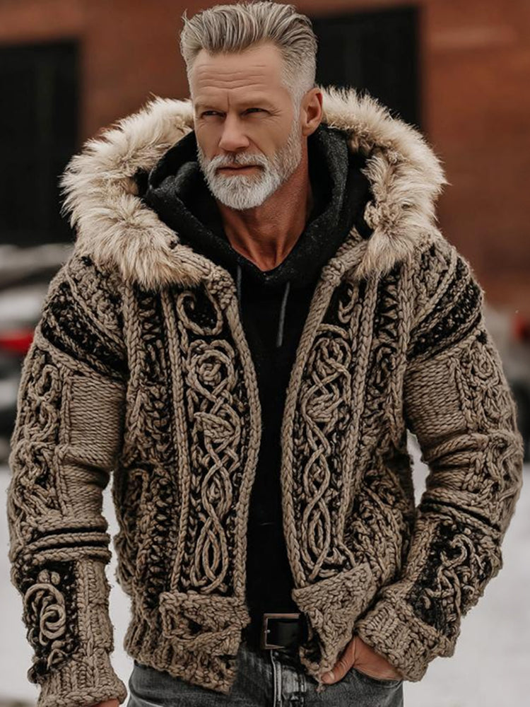 Men's Viking Celtic Style Cozy Fur Collar Hooded Sweater Jacket