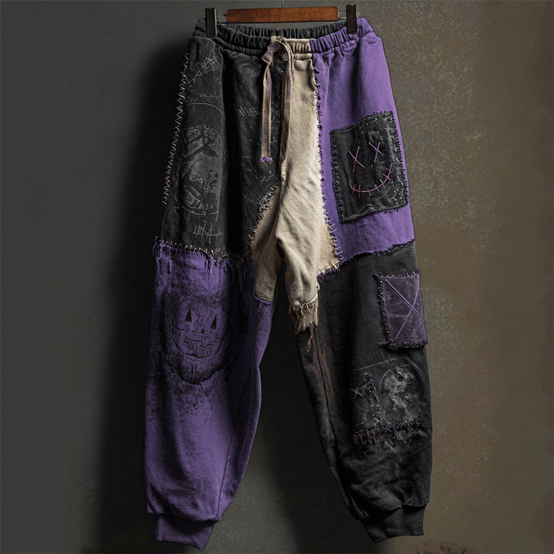 Halloween Stitched Faces Colorblock Patchwork Sweatpants