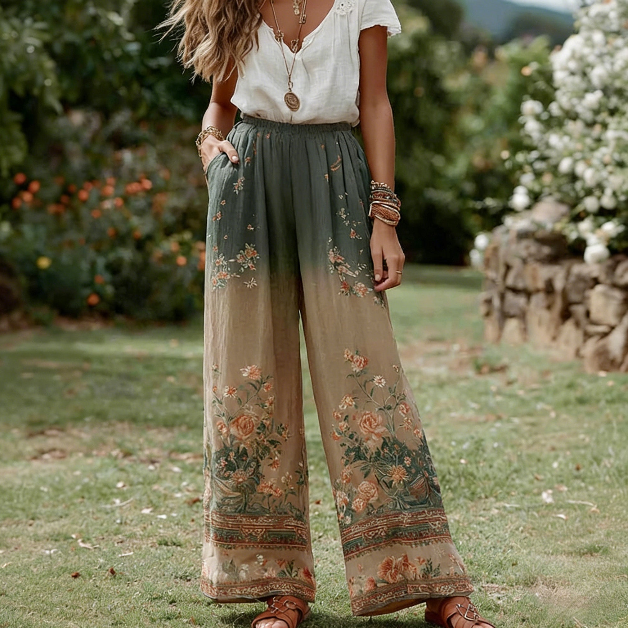 Women's Retro Bohemian Floral Patchwork Linen Trousers