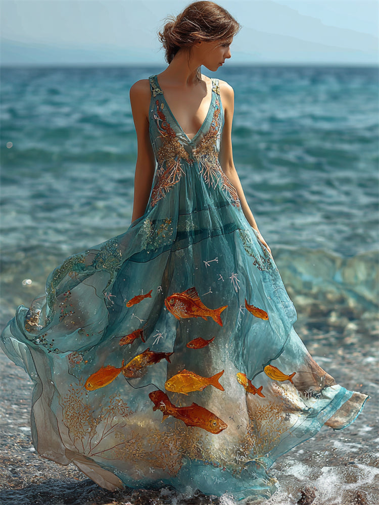 Aquarium Aesthetic Golden Fish & Coral Flowy Maxi Dress