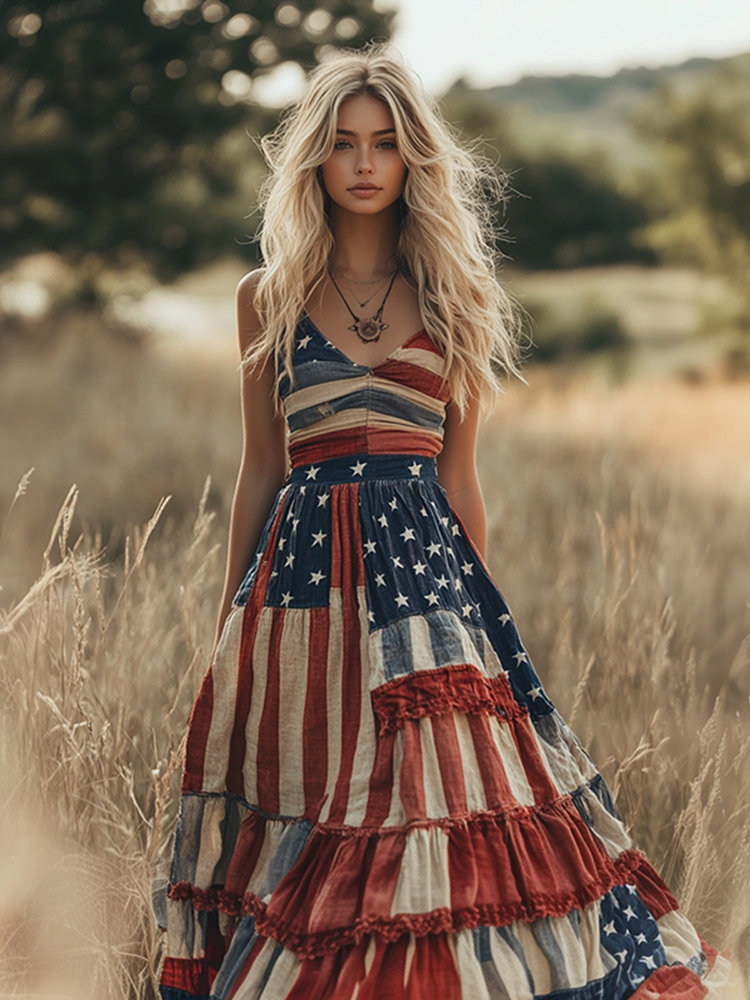 Vintage Independence Day Women's Linen Maxi Dress