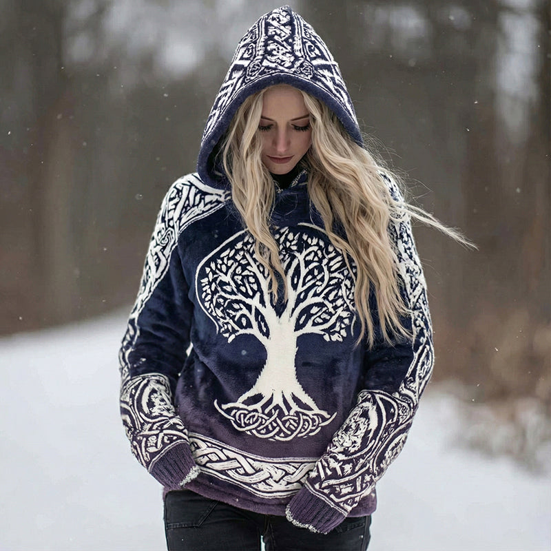 Women's Vintage Viking Celtic Tree Of Life Art Plush Cozy Hoodie
