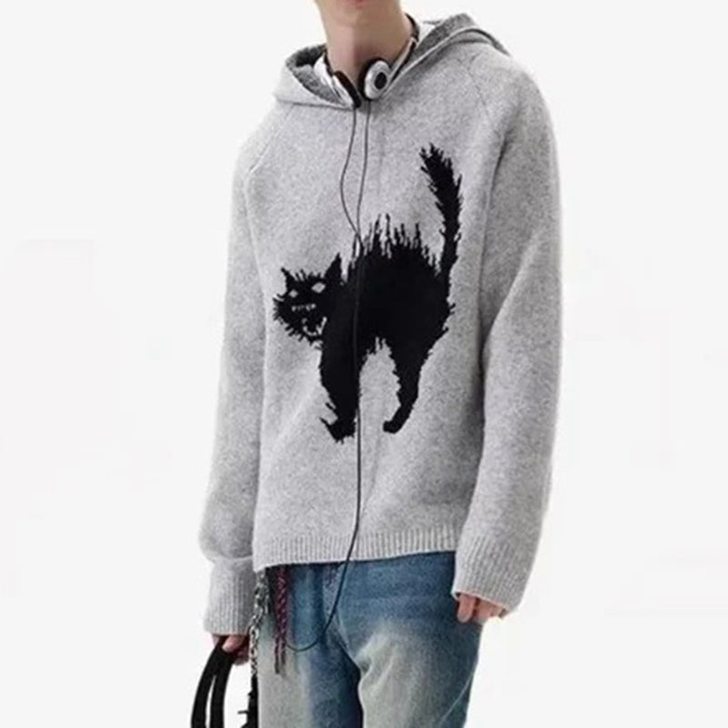 Unisex Scaring Black Cat Jacquard Art Knit Cozy Unisex Hooded Sweater