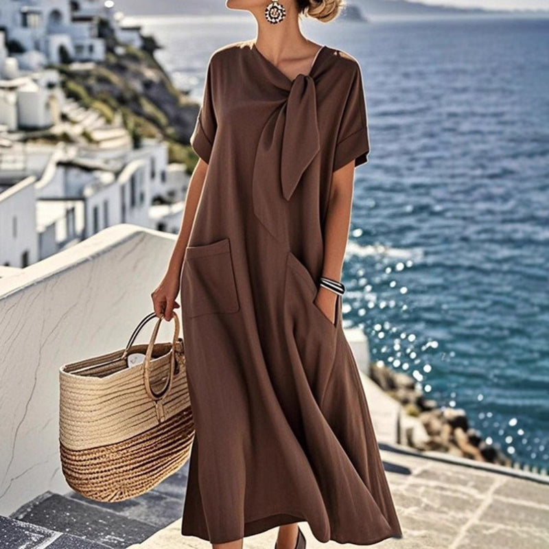 Women's Elegant Bow-knot Pocket Cotton And Linen Midi Dress