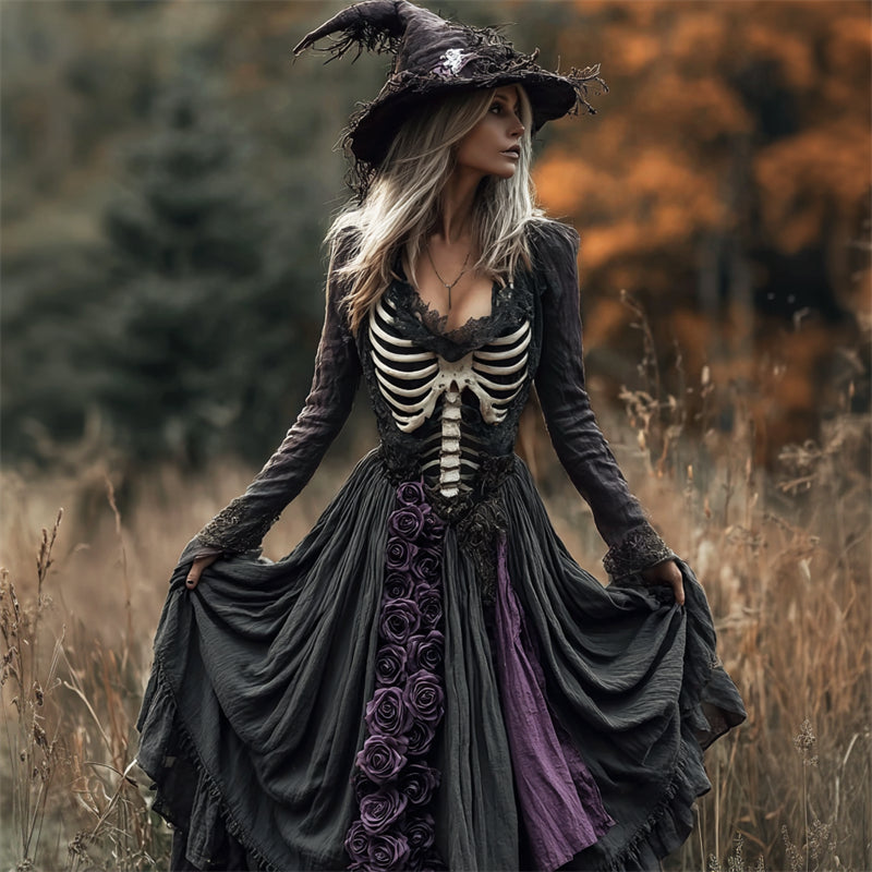 Halloween Skeleton Purple Roses Lace Trim Linen Maxi Dress