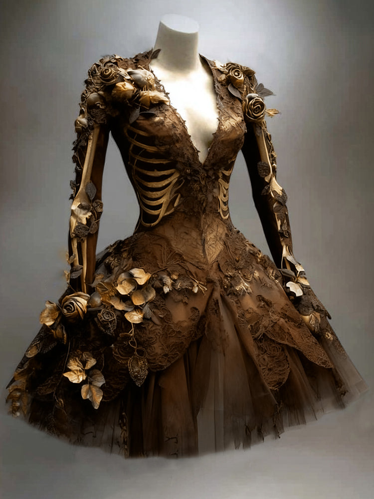 Women's Gothic Skull And Branches Pattern Witch Midi Dress