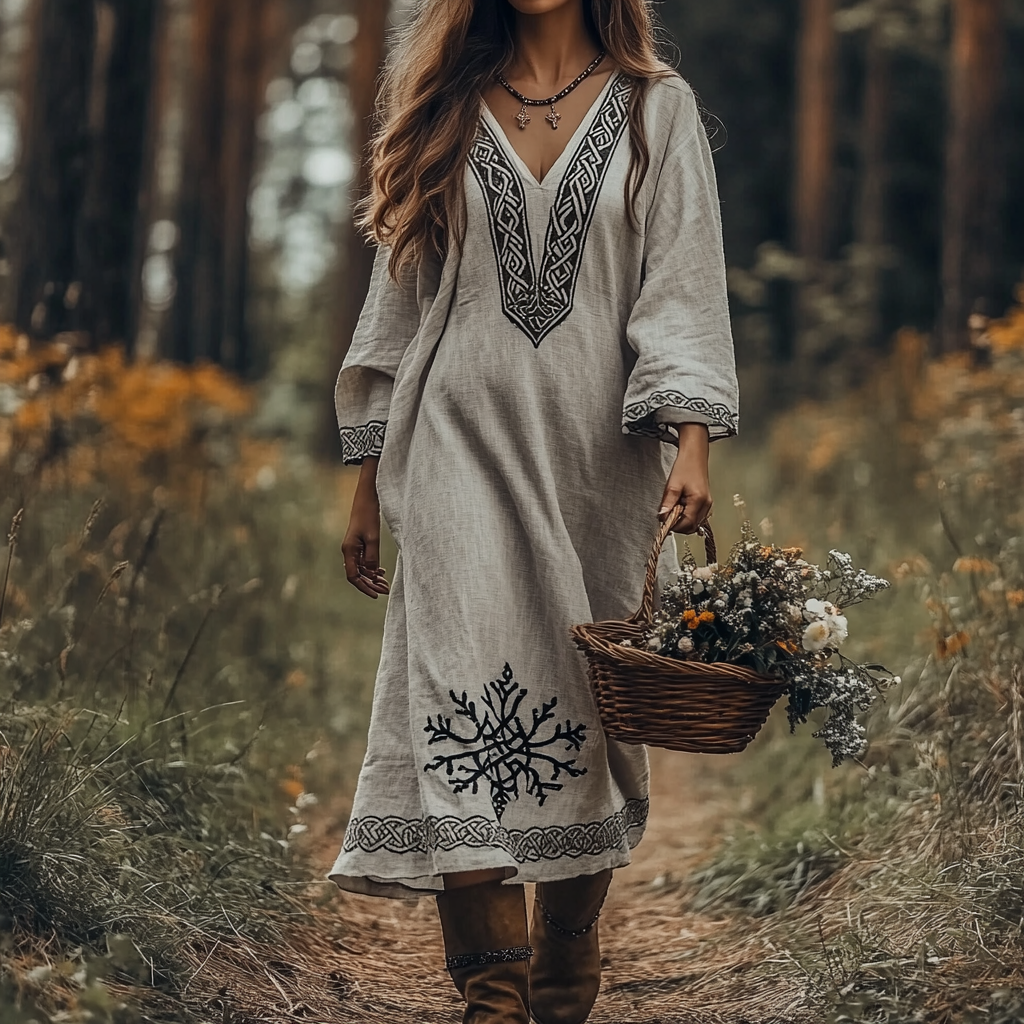 Vintage Viking Celtic Knot Cotton Linen Mixi Dress