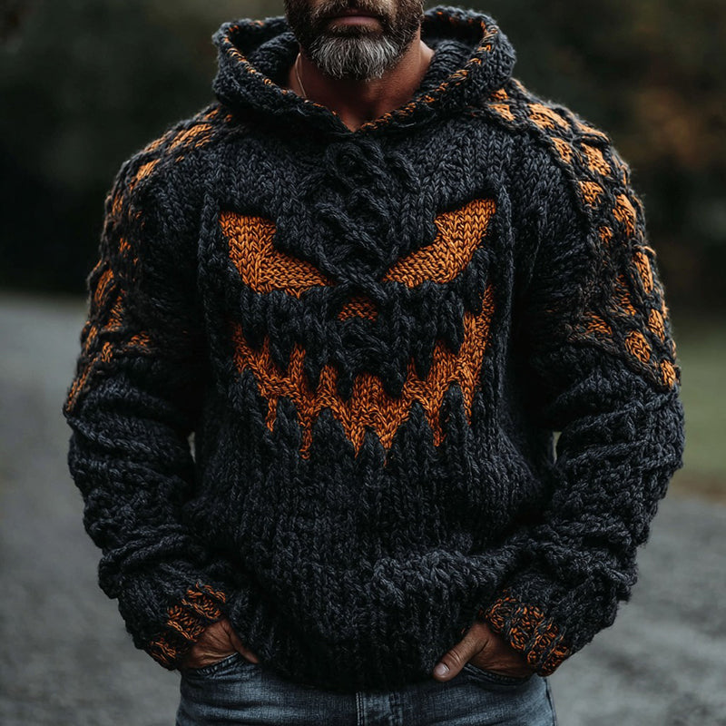 Men's Halloween Pumpkin Face Celtic Knot Chunky Hooded Sweater