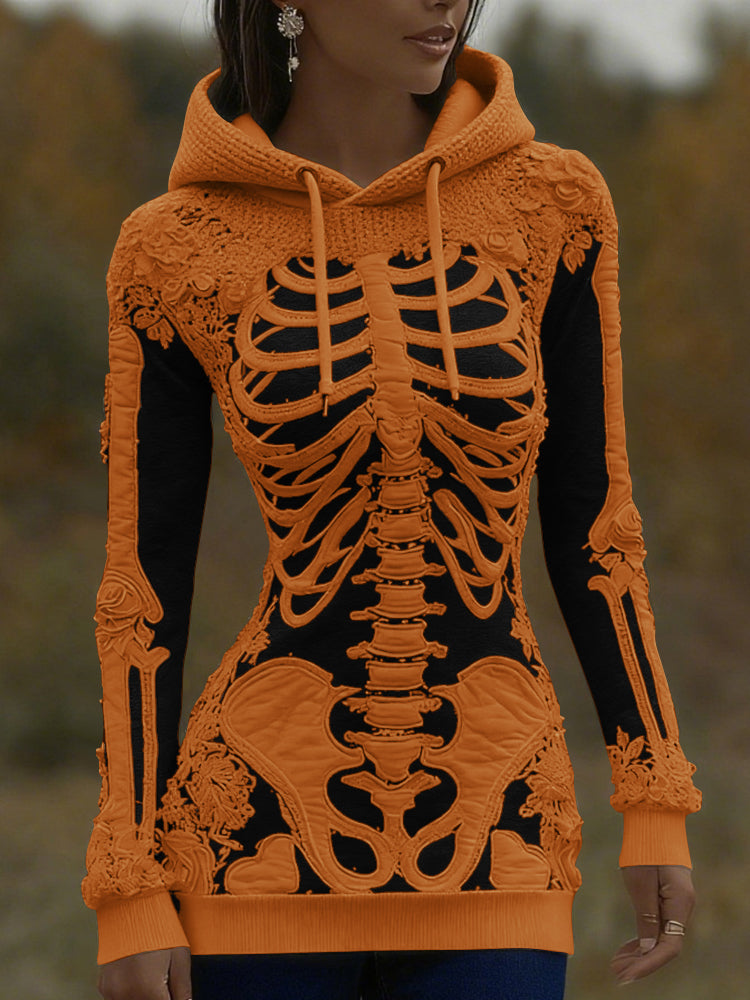 Women's Halloween Skeleton Bones With Roses Art Knitted Warm Hooded Sweater