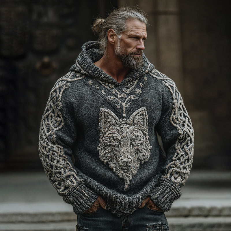 Men's Viking Wolf Celtic Jacquard Knit Hoodie Sweater