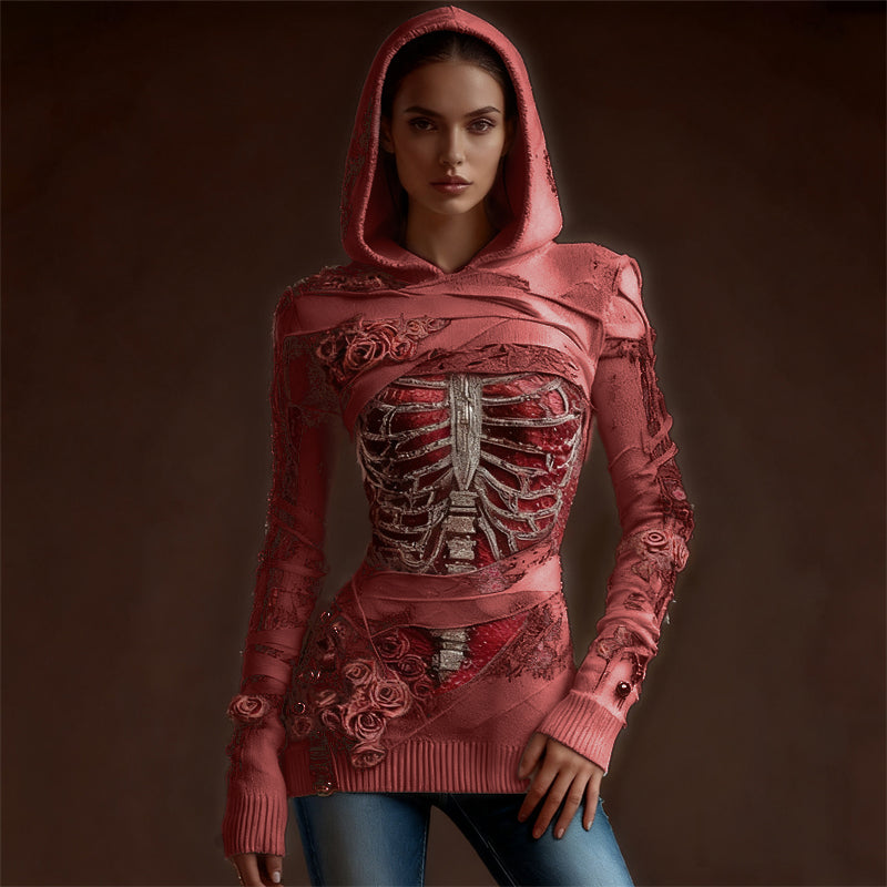 Classy Skeleton Anatomy Bloody Roses Bandages Hooded Sweater