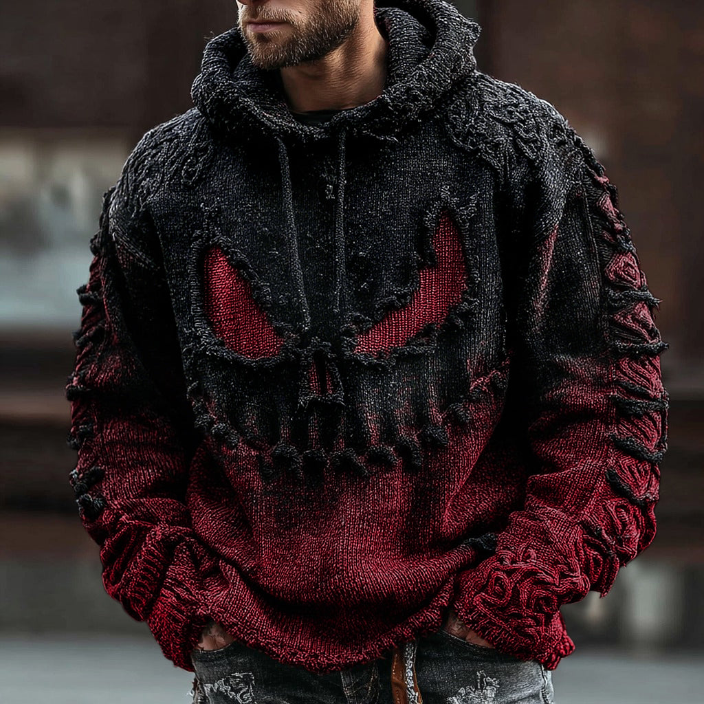 Men's Halloween Spooky Face Gradient Inspired Knitted Distressed Hooded Sweater
