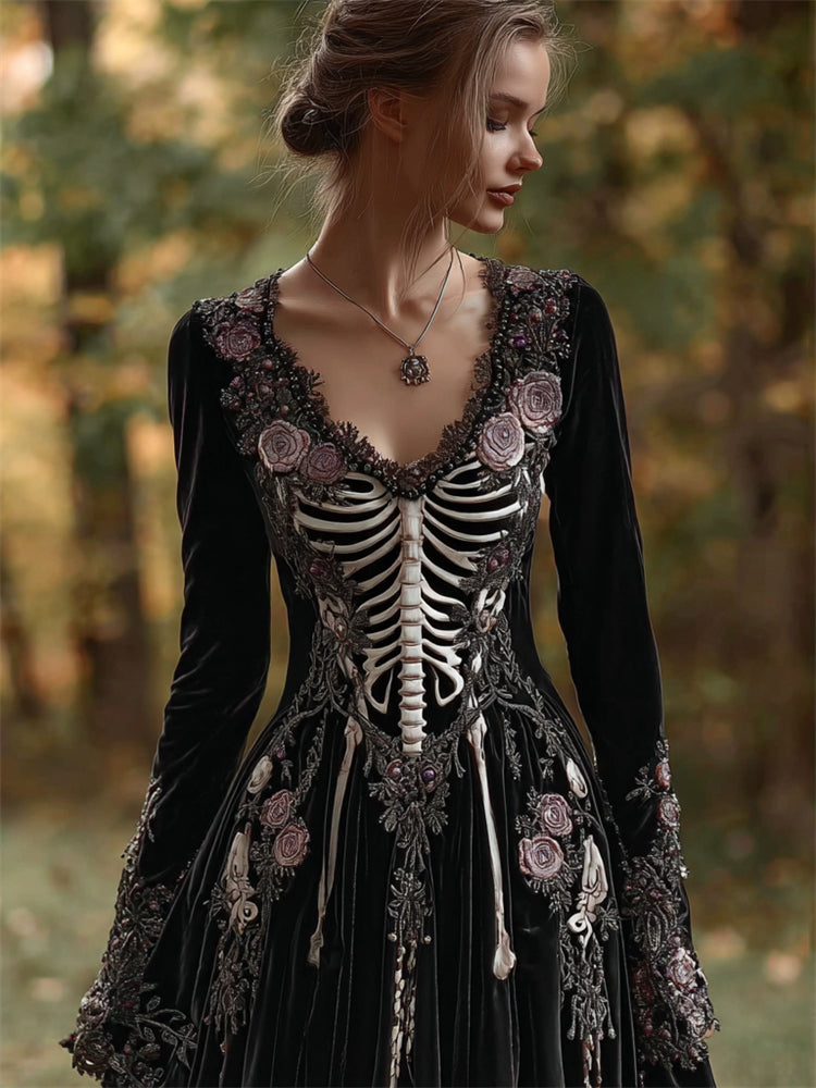 Vintage Skeleton Pink Roses Embroidered Velvet Maxi Dress