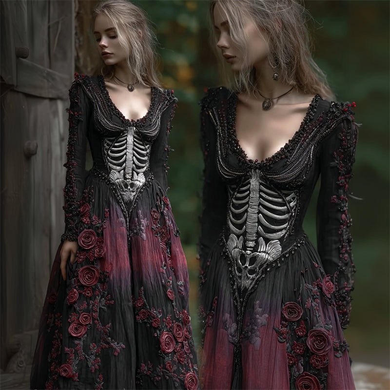 Vintage Skeleton Red Roses Gradient Flowy Linen Maxi Dress