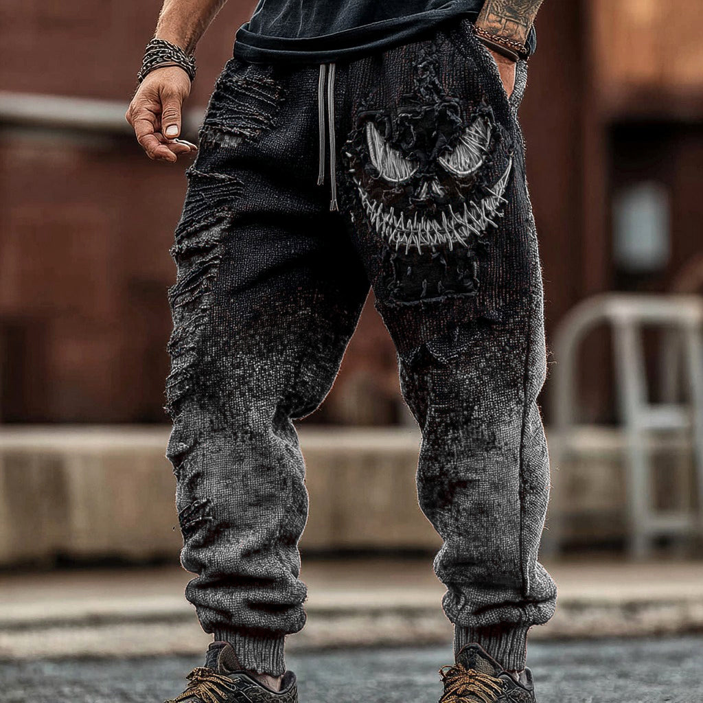 Men's Halloween Spooky Face Gradient Inspired Knitted Distressed Knit Casual Long Pants