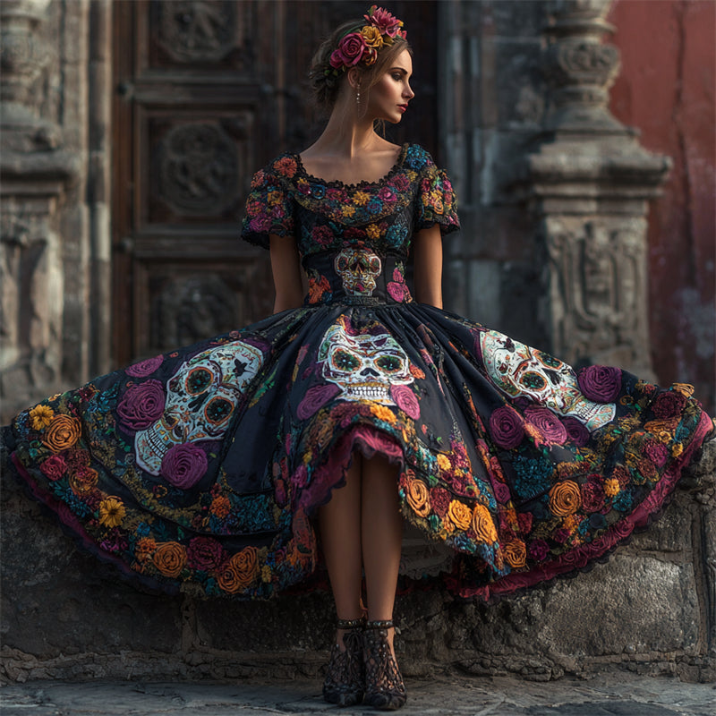 Day Of The Dead Sugar Skulls Floral Embroidered Linen Maxi Dress