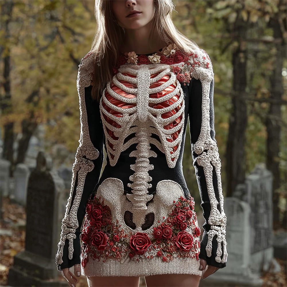 Halloween Bloody Skeleton & Floral Art Women's Knit Mini Dress