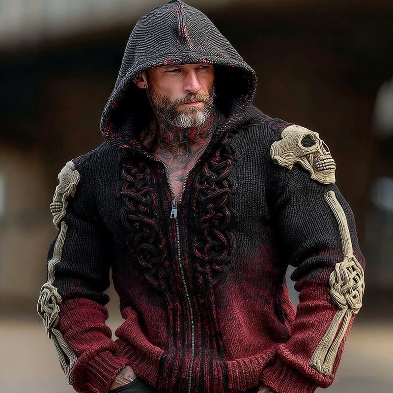 Viking Skeleton Human Anatomy Celtic Gradient Knit Zipper Up Hooded Cardigan