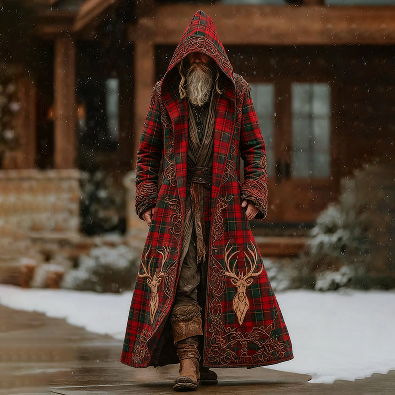 Men's Autumn Winter Christmas Plaid With Celtic Knot Deer Pattern Hooded Kaftan Cloak Jacket