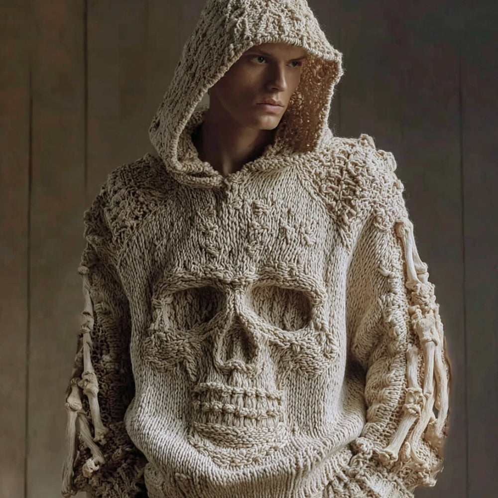 Men Halloween Big Skull White Vintage Hooded Sweater