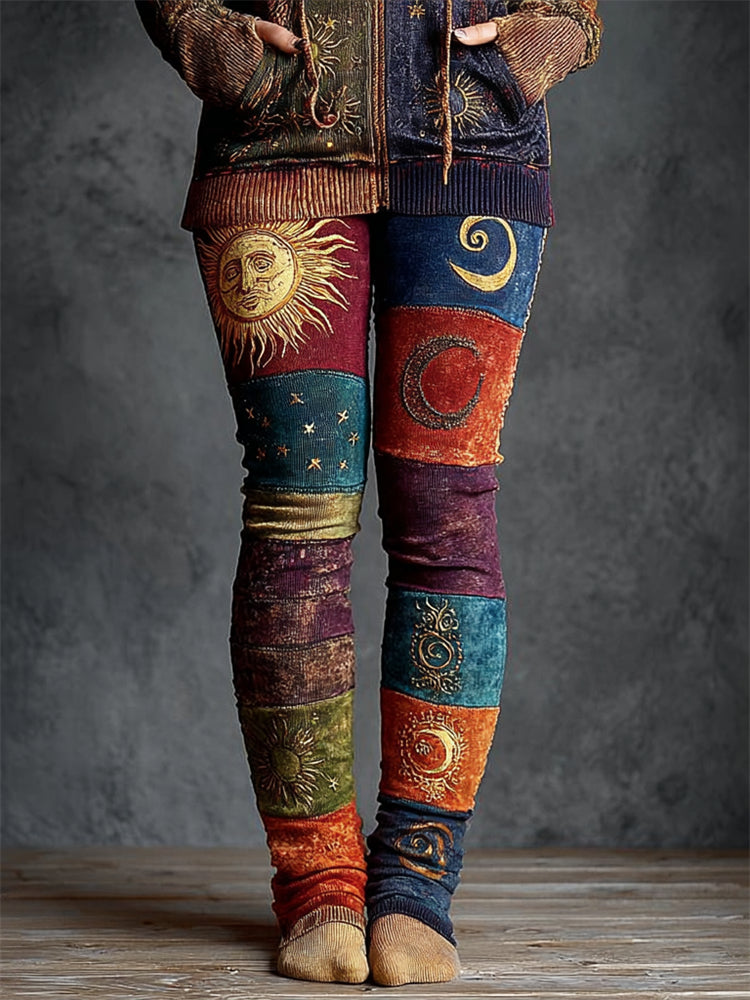 Boho Sun & Moon Mystical Colorblock Washed Cozy Stretchy Leggings