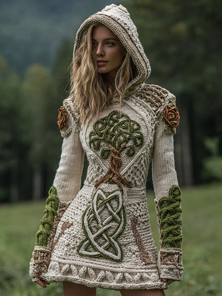 Women's Viking Celtic Tree Of Life With Rose Art Cozy Knit Mini Hooded Sweater Dress