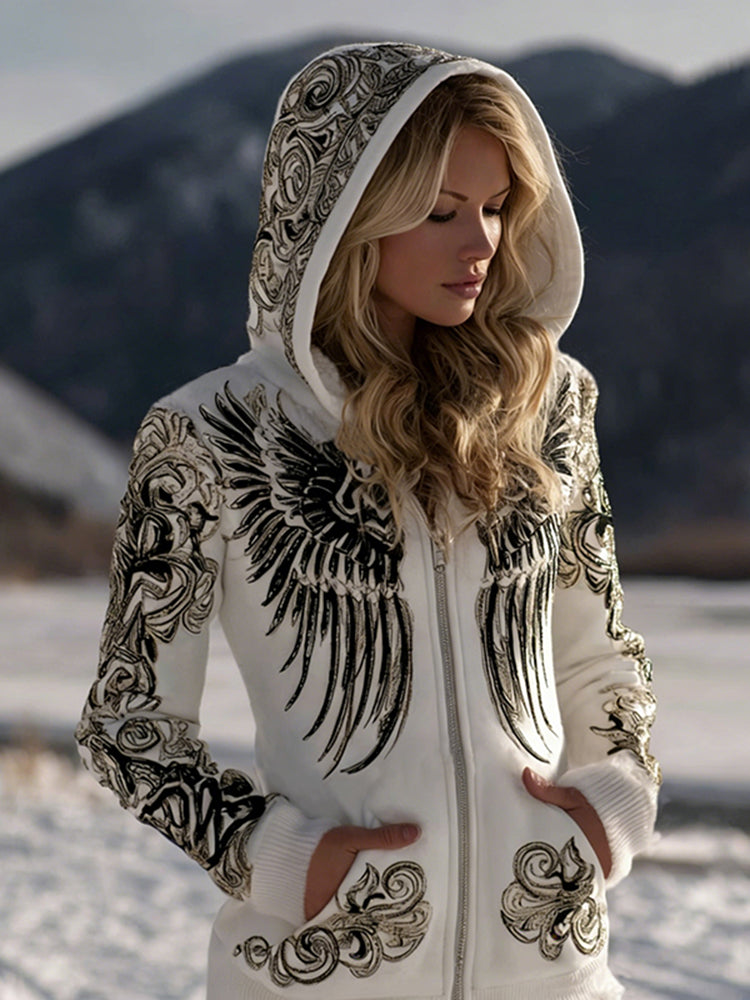 Women's Celtic-style Wing Pattern Comfortable Hooded Jacket
