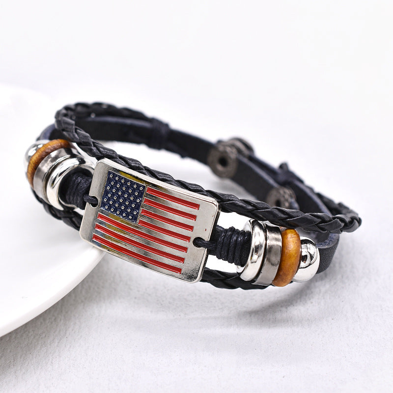 Vintage American Flag Woven Pu Bracelet