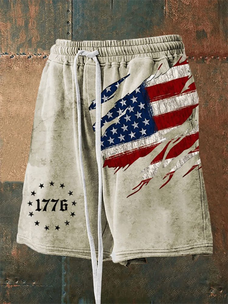 Men's Retro Distressed American Flag Print Loose Casual Shorts