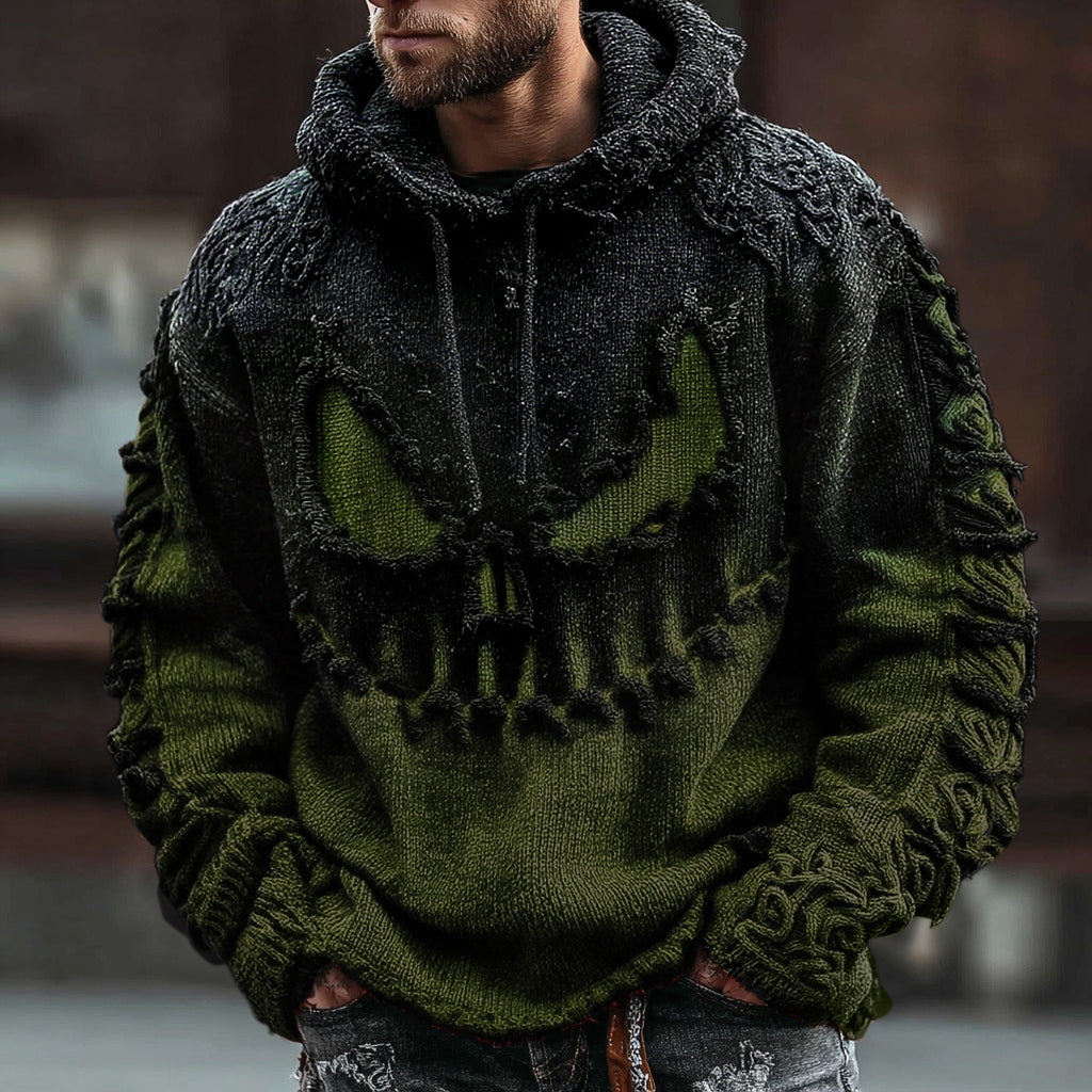 Men's Halloween Spooky Face Gradient Inspired Knitted Distressed Hooded Sweater