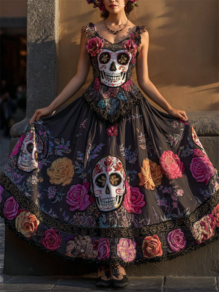 Day Of The Dead Sugar Skulls & Roses Linen Maxi Dress
