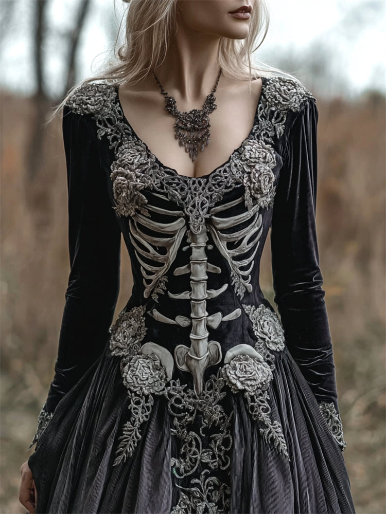 Vintage Skeleton Floral Fiber Art Cozy Velvet Maxi Dress
