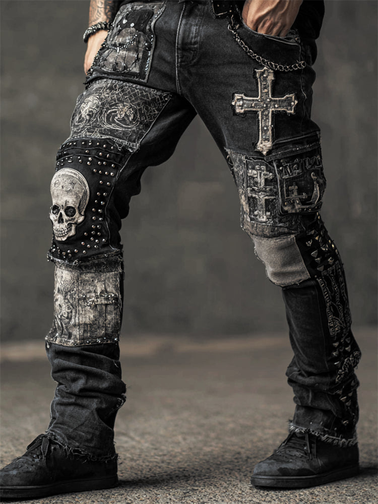 Men's Rock Style Skulls Cross Studded Patchwork Stretchy Jeans