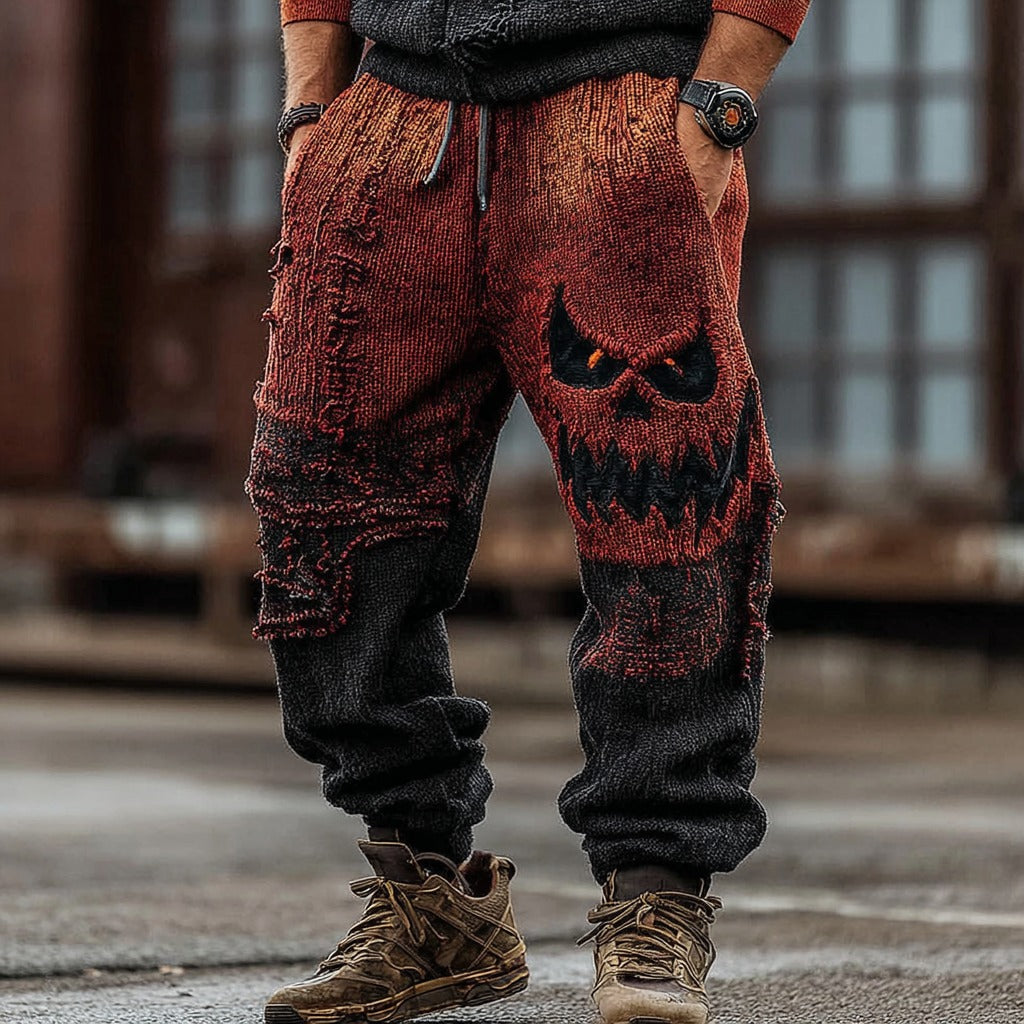 Men's Halloween Spooky Face Gradient Inspired Knitted Distressed Knit Casual Long Pants
