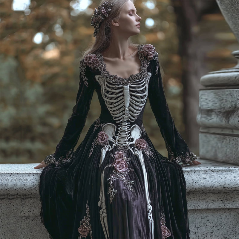 Vintage Skeleton Roses Floral Cozy Velvet Maxi Dress