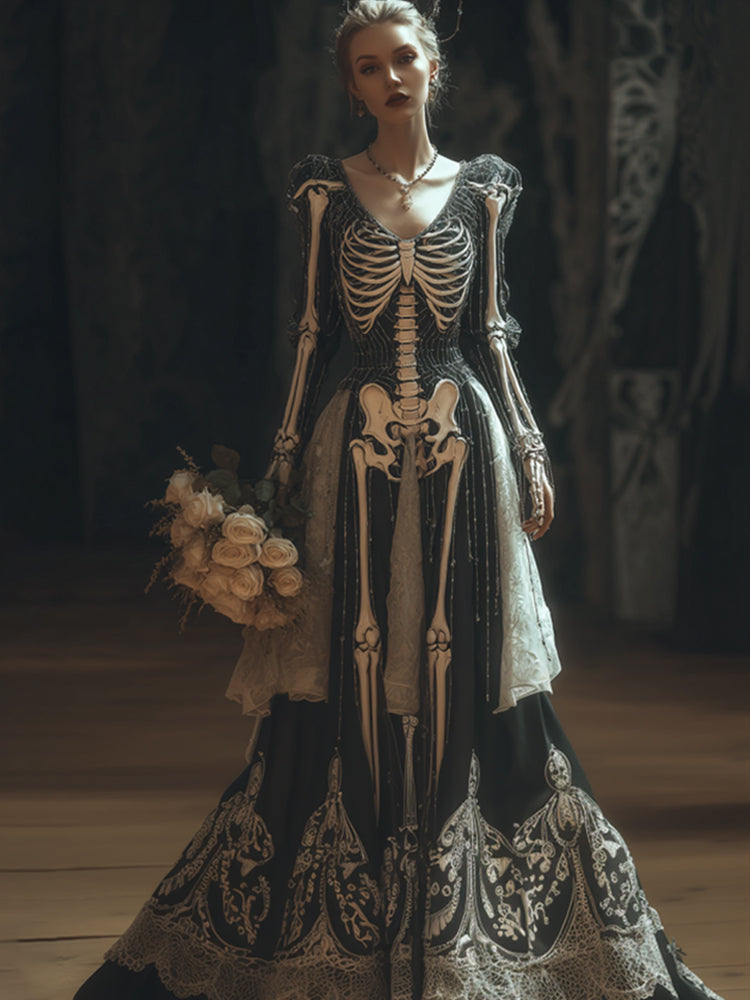 Women's Halloween Skeleton Skeleton And Flower Lace Gothic V-neck Dress