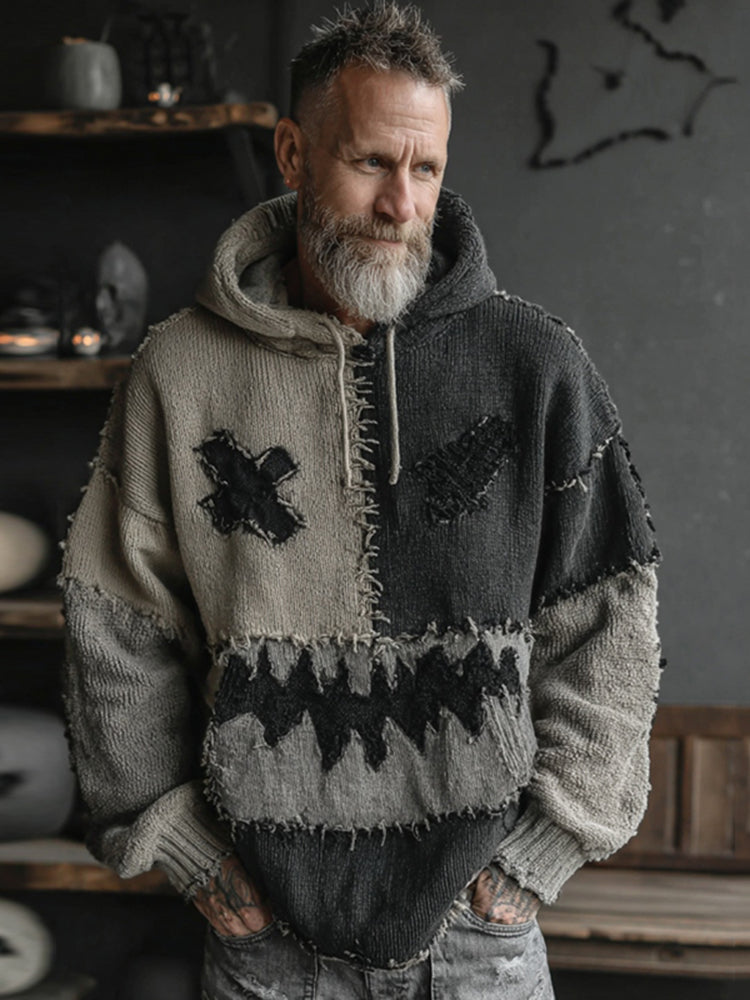 Men's Halloween Spooky Face Colorblock Stitched Hooded Cozy Knit Sweater