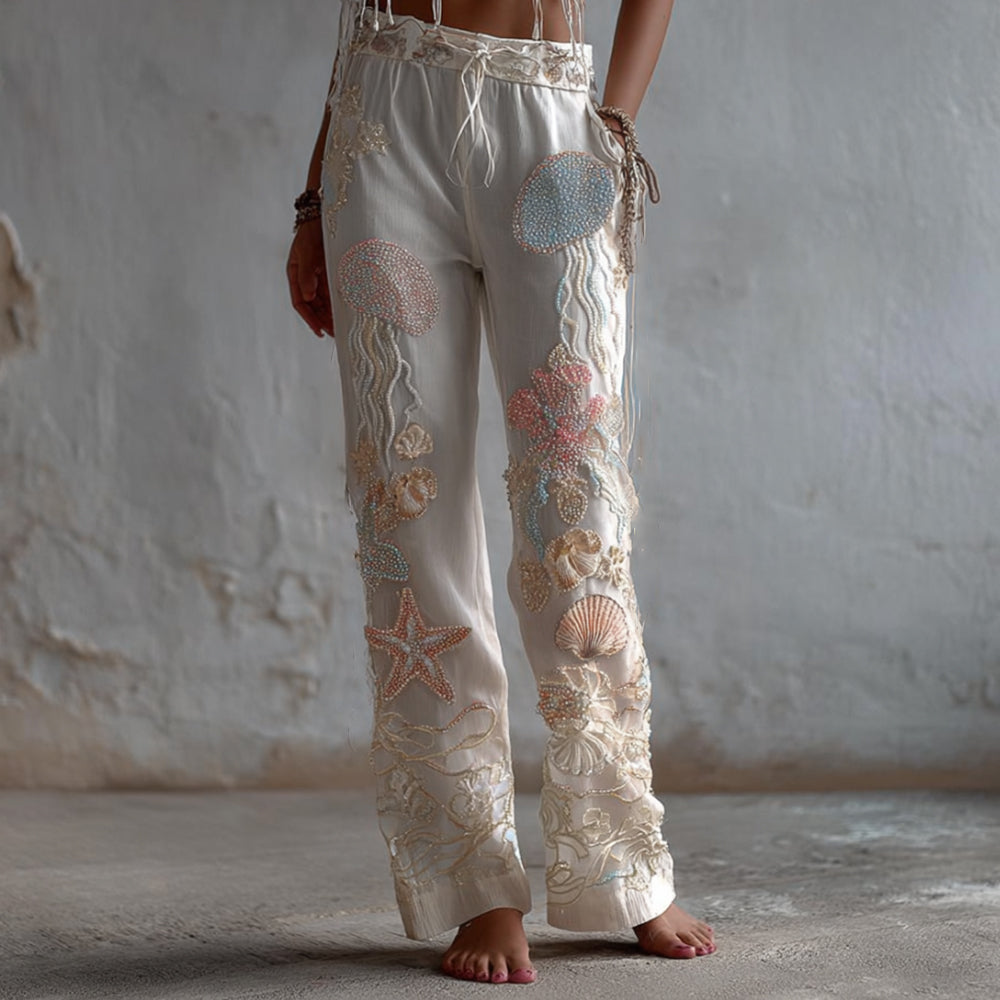 Women's Ocean Jellyfish Starfish Seashell Fabric Dreamy Casual Pants