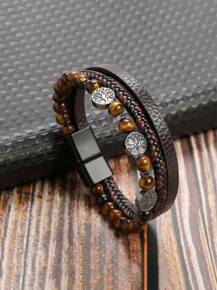 Tree Of Life Natural Stone Pu Braided Men's Bracelet