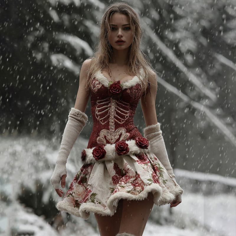 Women's Vintage Halloween Skeleton & Rose Art Midi Dress