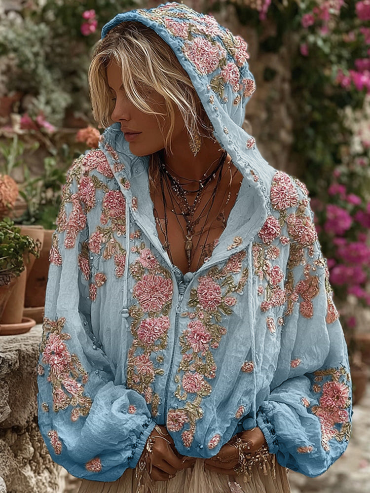 Bohemian Style Pink Rose Vintage Zip-up Hoodie