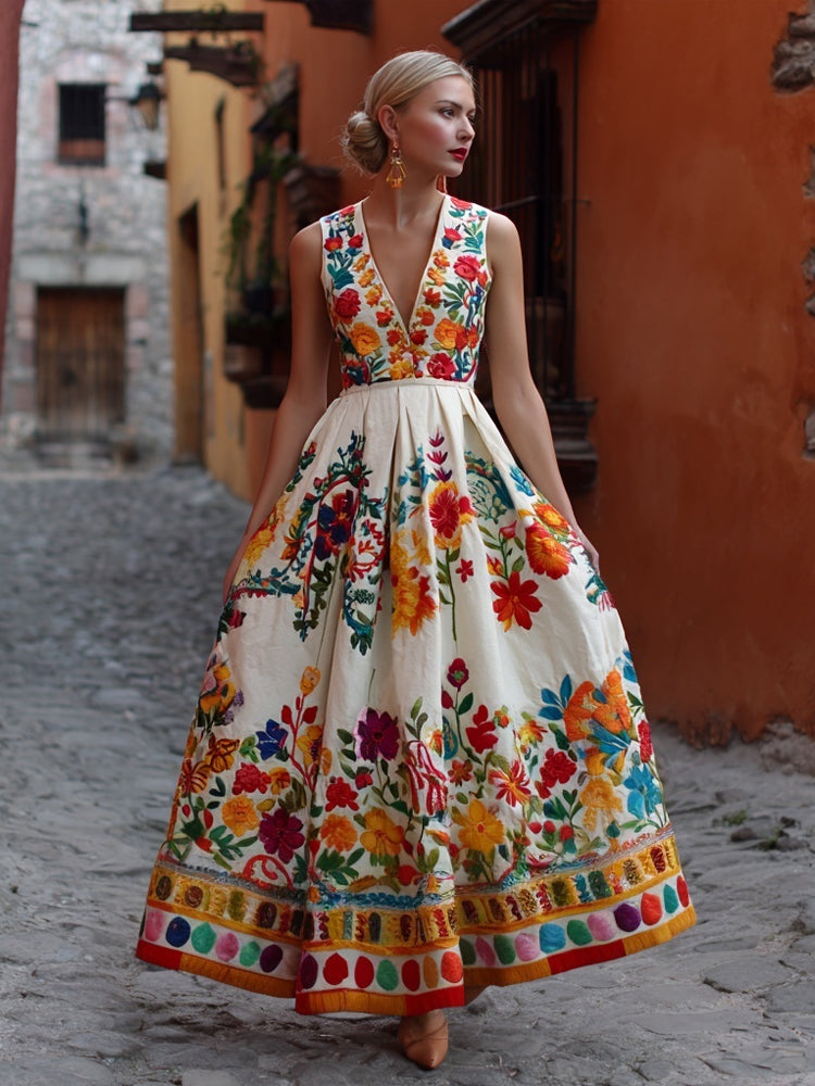 Mexican Flowers Embroidered V Neck Flowy Linen Maxi Dress